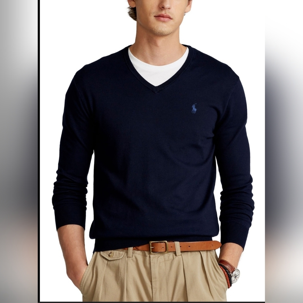 Pollo by Ralph Lauren Men’s Navy V-Neck Sweater with Light Blue Pony size:XL